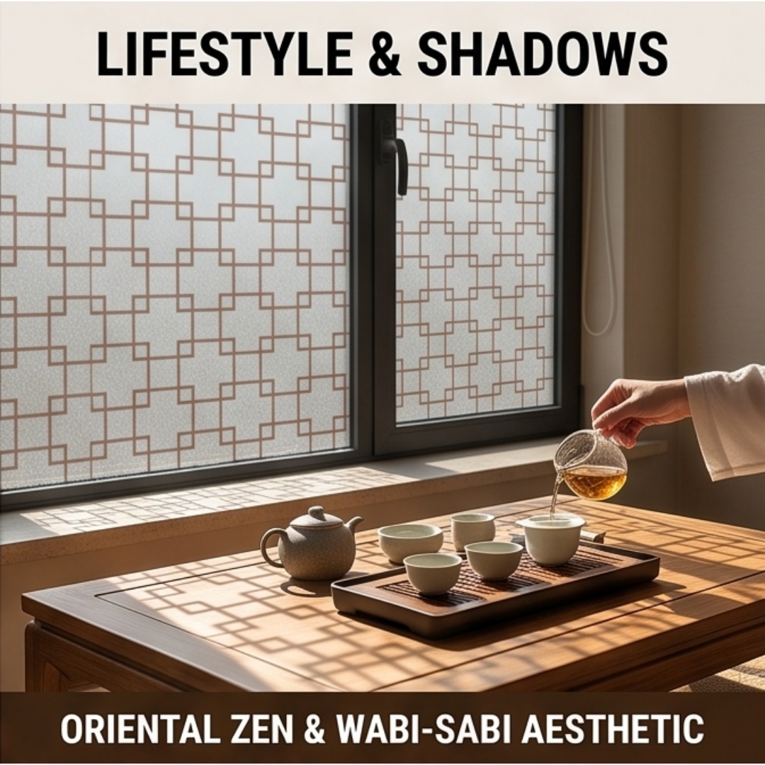 Home Bathroom Glass - Film Jendela Berpola Kotak Oriental, Stiker